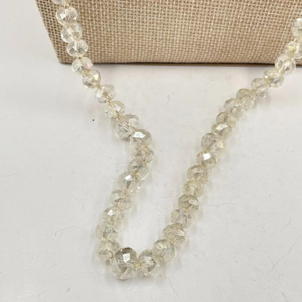 Vintage Long Clear Crystal Bead Necklace Faceted Glass Opera Aurora Borealis‎